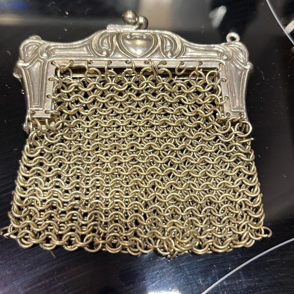 Rare Antique German Silver Ornate Metal Mesh Chainmail Link Coin Purse Handbag